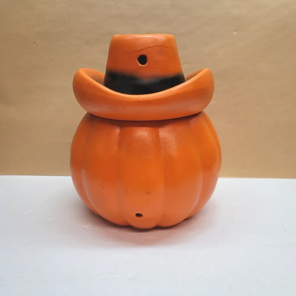 Vintage Halloween Ceramic Jack-O-Lantern Cowboy Hat Pumpkin Decor 10in Orange